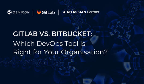 Graphic showing GitLab vs Bitbucket comparison with demicon branding