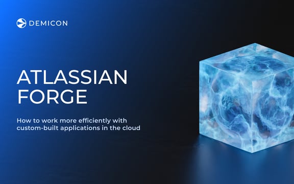 Visual of Atlassian Forge with DEMICON branding and a blue cloud cube