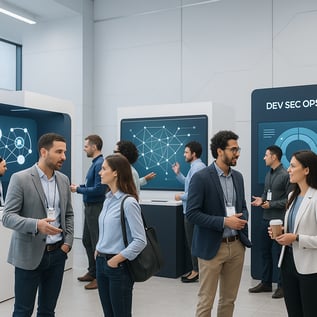 A modern business conference scene focused on technology and innovation with professionals in smart casual attire networking and discussing around exhibition booths The atmosphere should highlight collaboration AIdriven software and DevSecOps concept-2