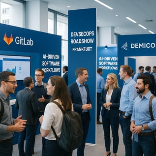A modern tech conference scene in Frankfurt Germany Professionals in business casual attire interacting networking and attending a DevSecOpsfocused roadshow Booths and banners with GitLab and DEMICON logos people discussing AIdriven software workflow