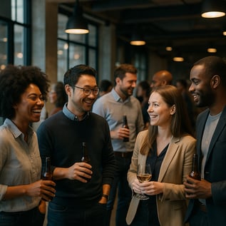 A relaxed afterwork networking event in a modern venue with diverse professionals holding drinks and engaging in conversations The mood is friendly collaborative and innovative reflecting a tech conference atmosphere Subtle lighting casualprofessiona-1