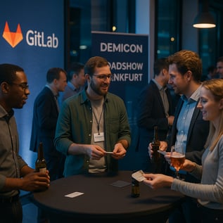 Relaxed afterwork networking session at a software development roadshow in Frankfurt Tech professionals chatting over drinks standing in small groups exchanging business cards Evening lighting with soft blue tones branded elements from GitLab and DEM-1