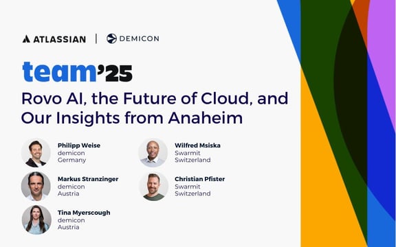 Banner summarising Atlassian Team’25 updates on Rovo AI and cloud trends