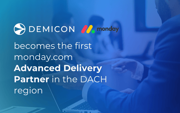 Graphic announcing DEMICON as monday.com Advanced Delivery Partner in DACH
