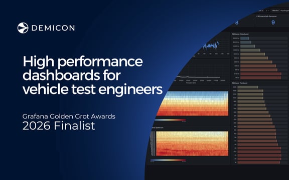 Promotional banner by Demicon showing high-performance dashboards for vehicle test engineers and Grafana Golden Grot Awards 2026 finalist recognition
