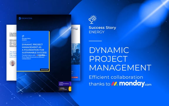 Promotional design with a blue background, featuring a success story on dynamic project management in the energy sector, in partnership with monday.com and demicon.
