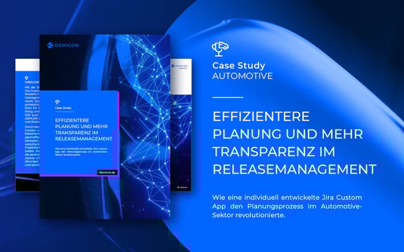 Case Study Automotive Grafik mit demicon Branding und Titel zum effizienten und transparenten Releasemanagement