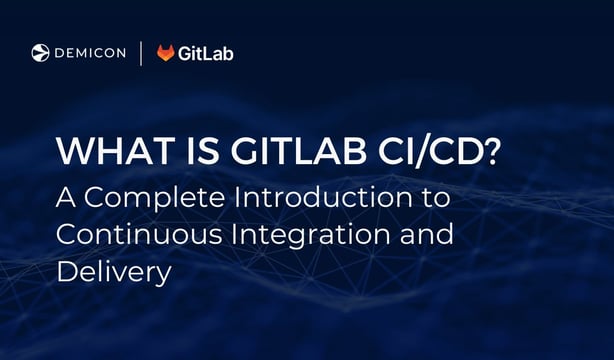 Banner showing demicon and GitLab logos with the title about GitLab CI/CD